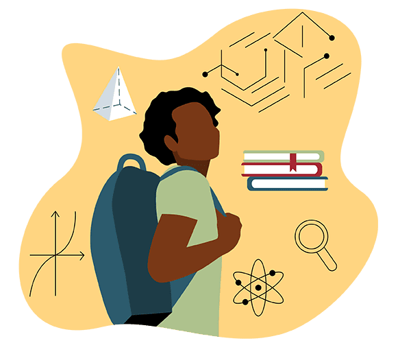 illustration of a black male student standing, wearing a backpack