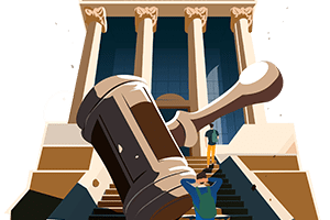 A giant gavel blocks the path of a student to the Admissions office