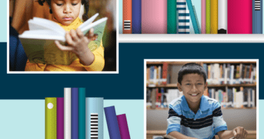 A graphic collage with children reading books and images of books on a shelf