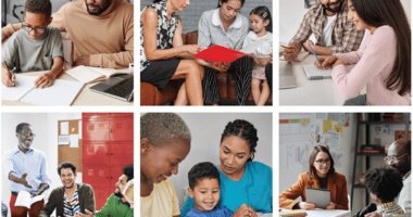 collage of images depicting parents reading with their children and teachers in school settings
