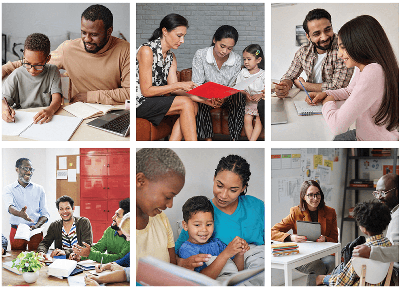 collage of images depicting parents reading with their children and teachers in school settings
