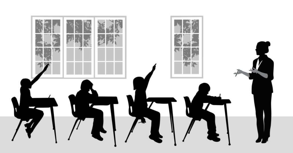 graphic of a female teacher teaching in front of four students sitting on desks