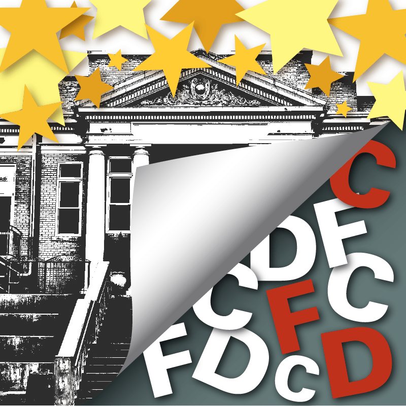 Graphic of a building with stars and the letters C,D,F