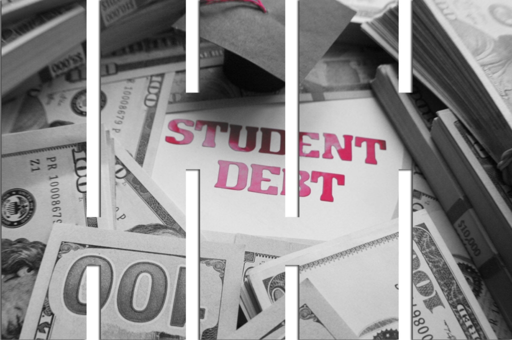 graphic of money with bars and the word student debt superimposed on top
