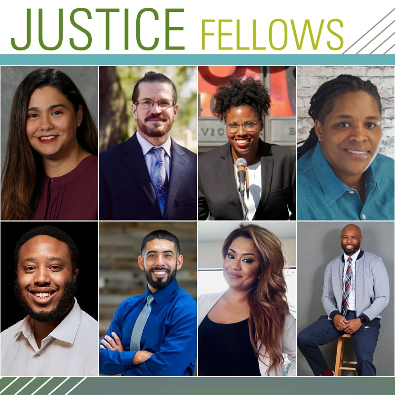 Headshots of 8 male and female Justice Fellows