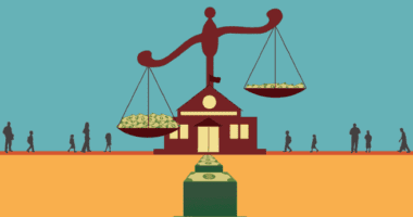 Unbalanced scale with money on it on located on top of a school building with people walking towards the building
