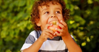 Preschool aged boy eating an apple