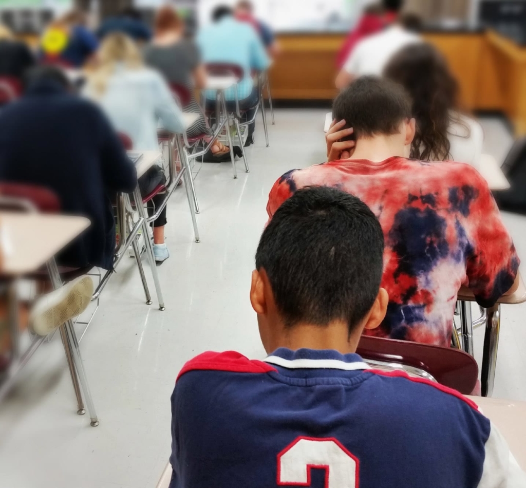 Students sitting at desks in a classroom