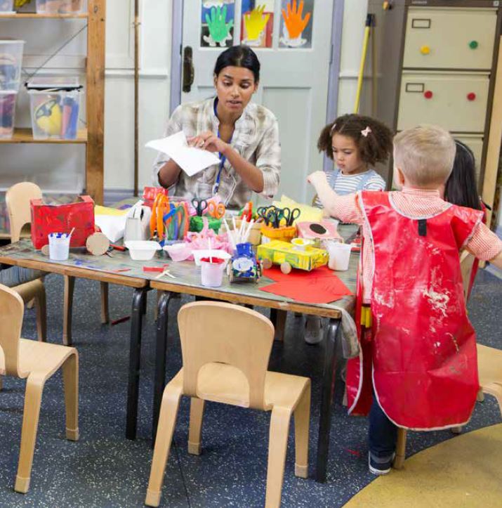 Pre-school teacher assisting pre-school kids with arts & crafts activities