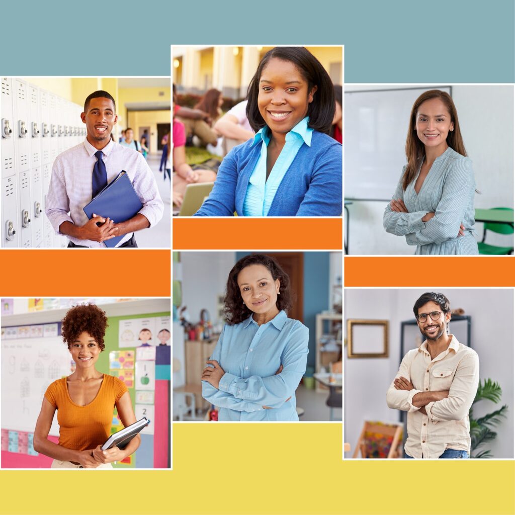 A collage of a diverse group of male and female teachers in the school setting