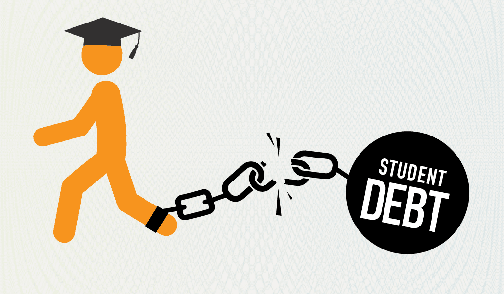 Stick figure wearing a graduation cap with a chain of student debt tied to ankle
