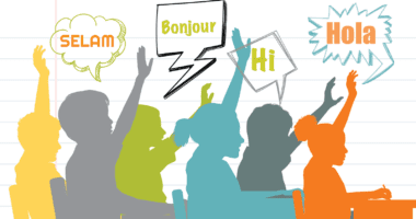 illustration of students in a classroom with their hands raised and speech bubbles that say hello in different languages