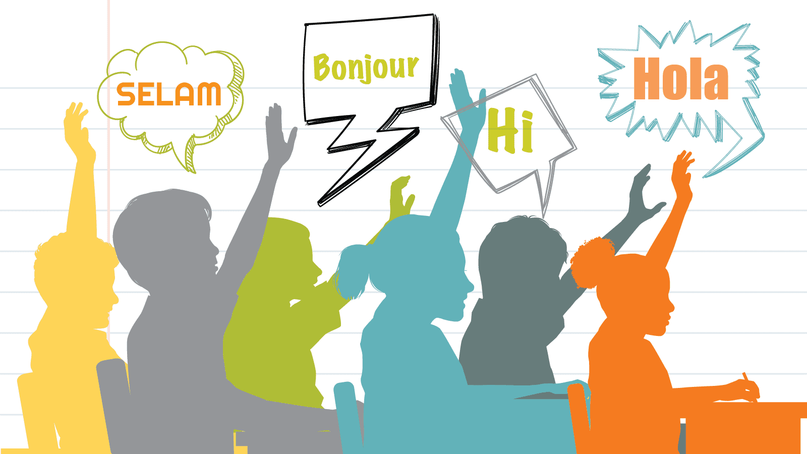 illustration of students in a classroom with their hands raised and speech bubbles that say hello in different languages