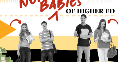 four white students with headline that says The Nepo Babies of Higher Ed