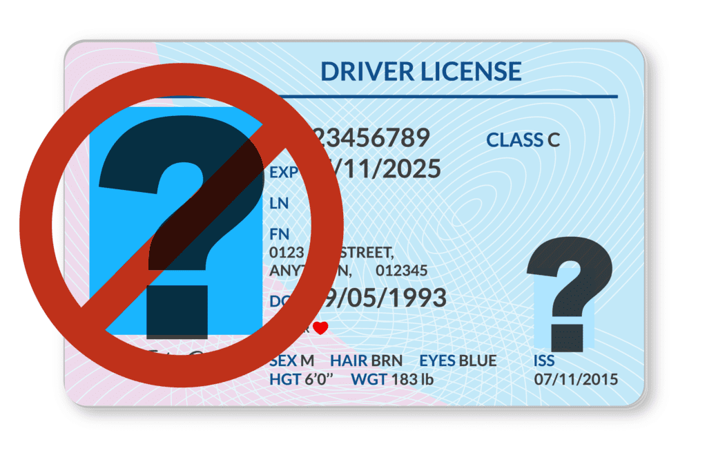 Driver license with question marks on it