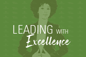 Illustration of a Black woman with a headline that reads leading with excellence