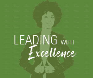 illustration of a Black woman with a headline that reads leading with excellence