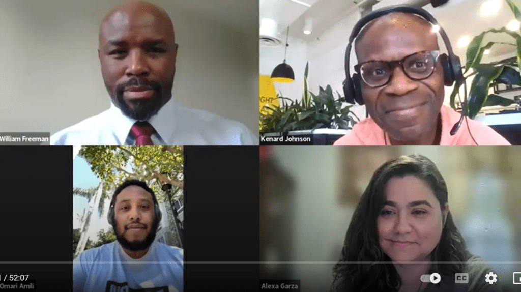 Justice Impacted Webinar Panelists: William Freeman, Kenard Johnson, Omari Amili, Alexa Garza