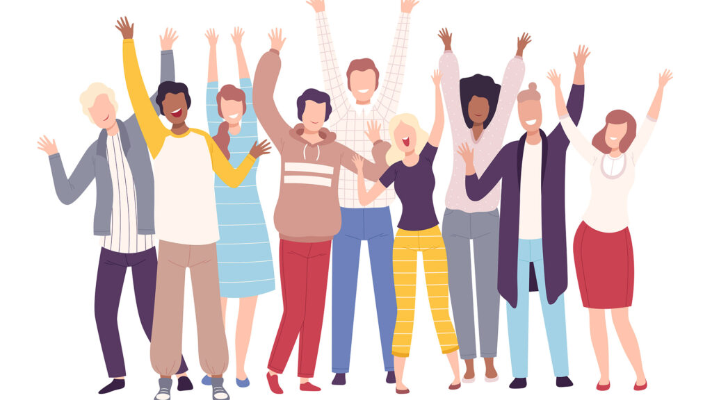 An illustration of a group of people smiling with their hands up in the air