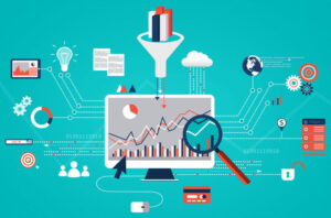 An illustration of a computer screen with graphs, charts, funnels, a magnifying glass and other icons to symbolize big data and analytics