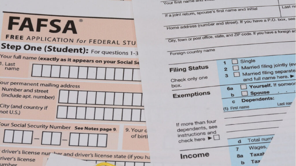 Close-up view of the FAFSA application form and tax filing form