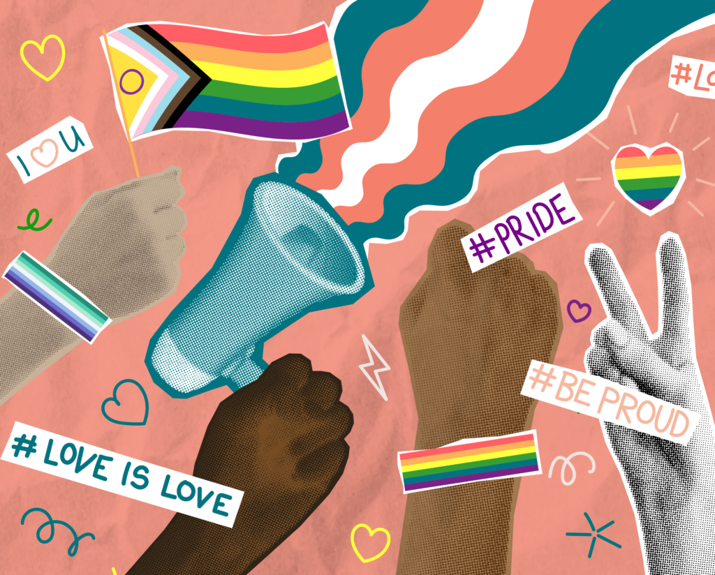 Illustration of Pride symbols of hands with one holding a megaphone, one holding a Pride flag, one raised in a fist and one giving the peace sign