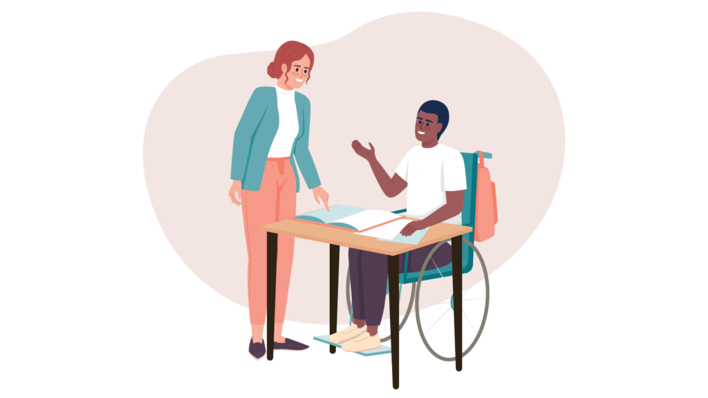 An illustration of a teacher standing with a student seated in a wheelchair in front of a desk and they ae talking