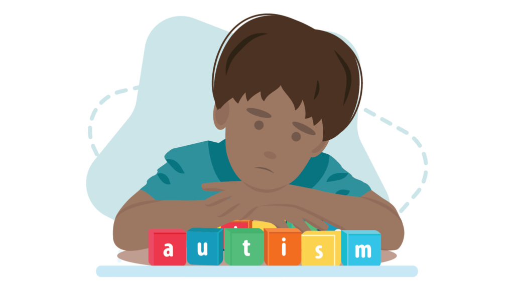 Illustration of a young boy of color looking at blocks in front of him that spell out autism in colored blocks