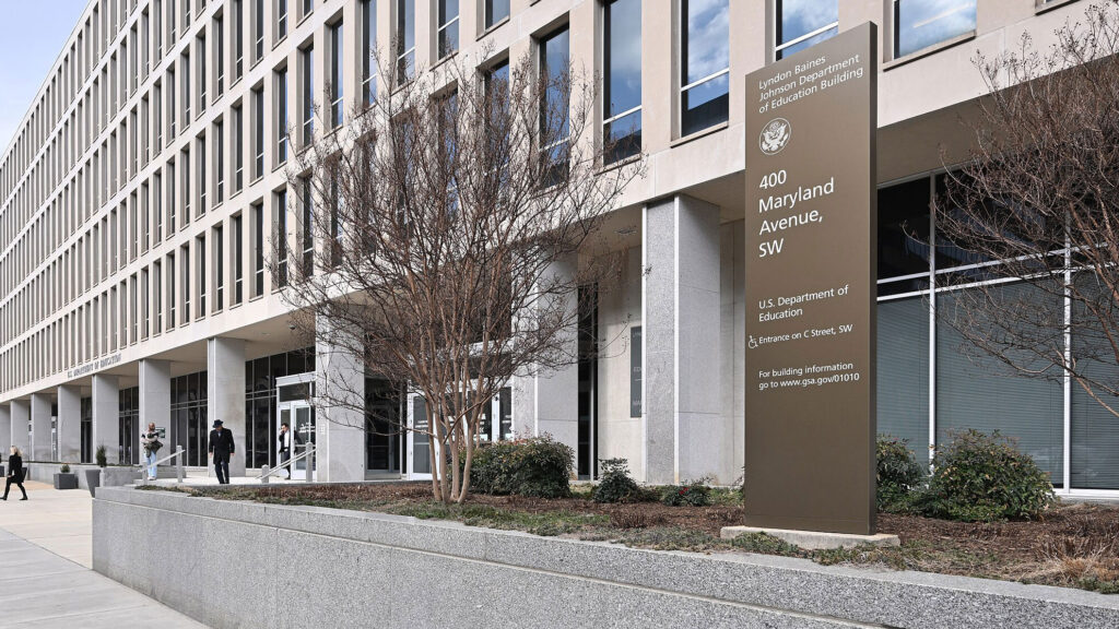 View of the entrance to the Department of Education building in Washington DC
