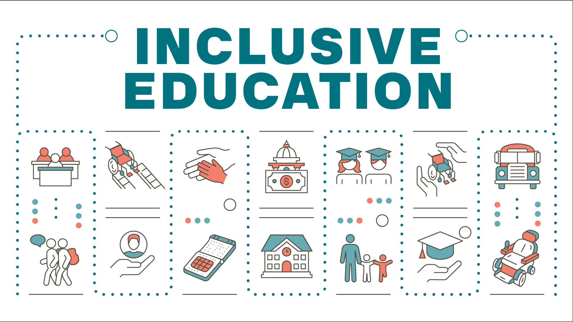 A collage of icons denoting disability awareness with a heading on top Inclusive Education