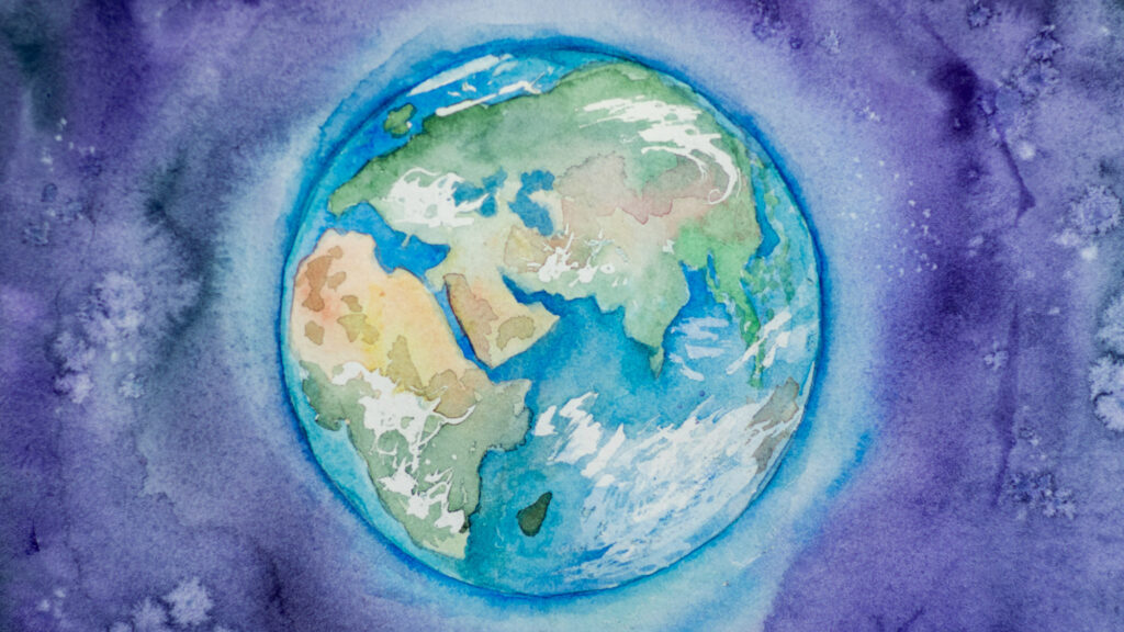 watercolor image of the planet earth in space