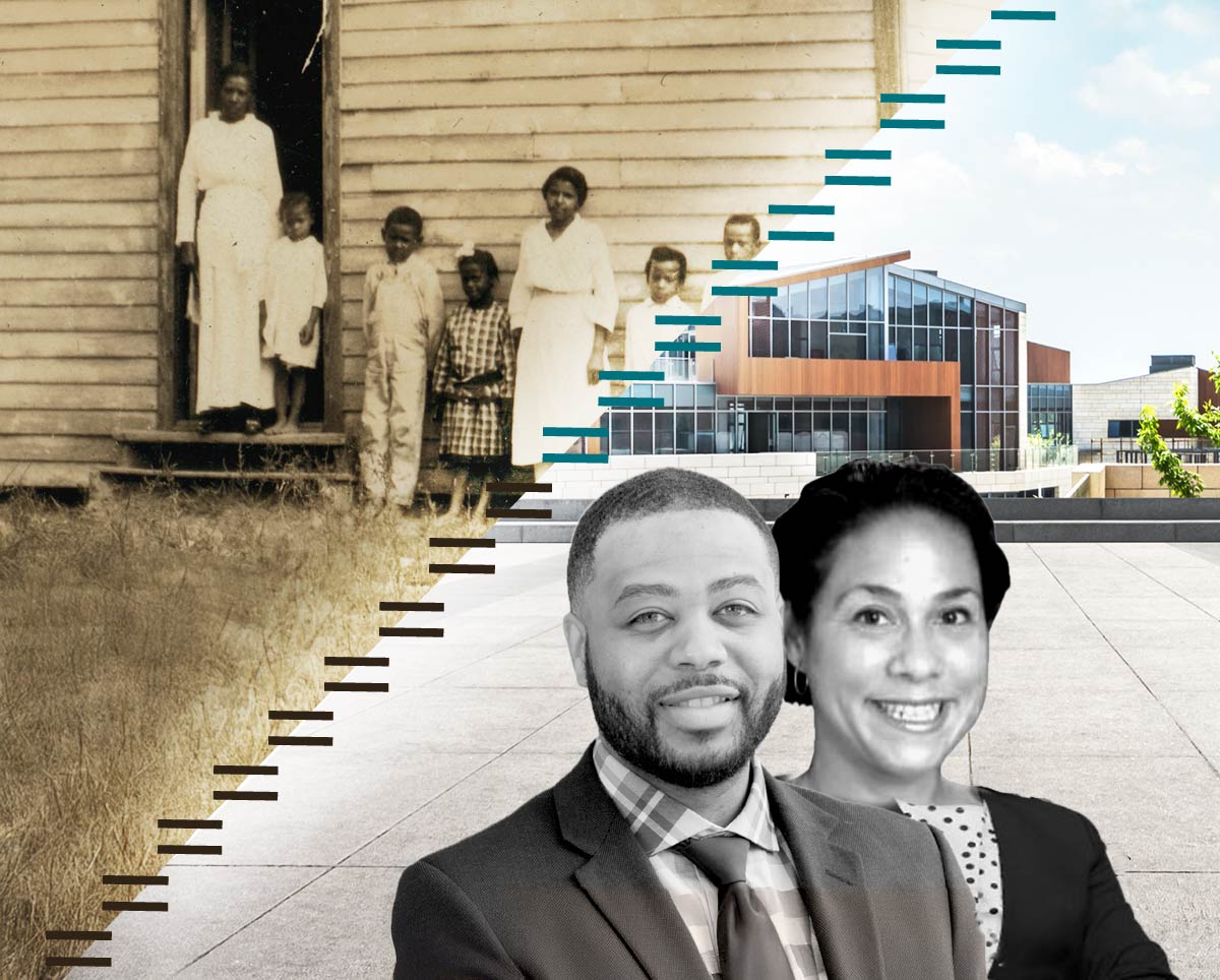 A stylized collage. On the left is a historical black and white photo of impoverished black women and children. To the right is a modern building with the images of a man and a women smiling at the forefront