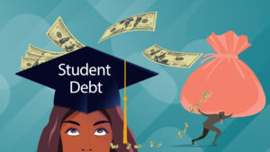 Student debt: a woman's head wearing a graduation toga on the left. On the right is a person carrying a bag that has a hole on it. Money is flying out of the hole to the direction of the woman wearing the toga