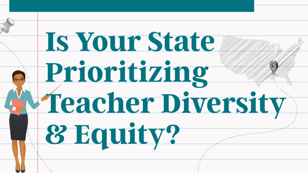 Banner: Is your state prioritizing teacher diversity and equity? With illustration of a female teacher and a map of the US and a pushpin