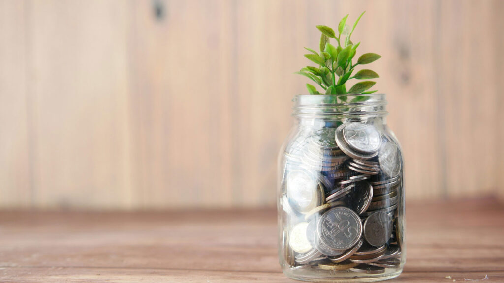 Close up of a clear, glass jar filled with coin money and a plant growing on top of the jar
