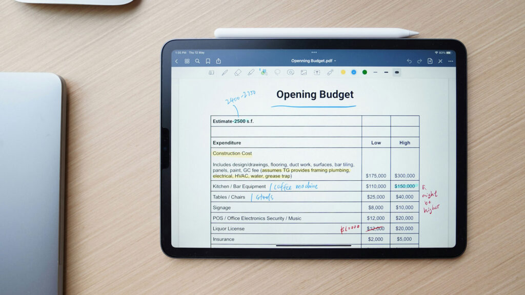 A budgeting chart showing on a computer tablet screen