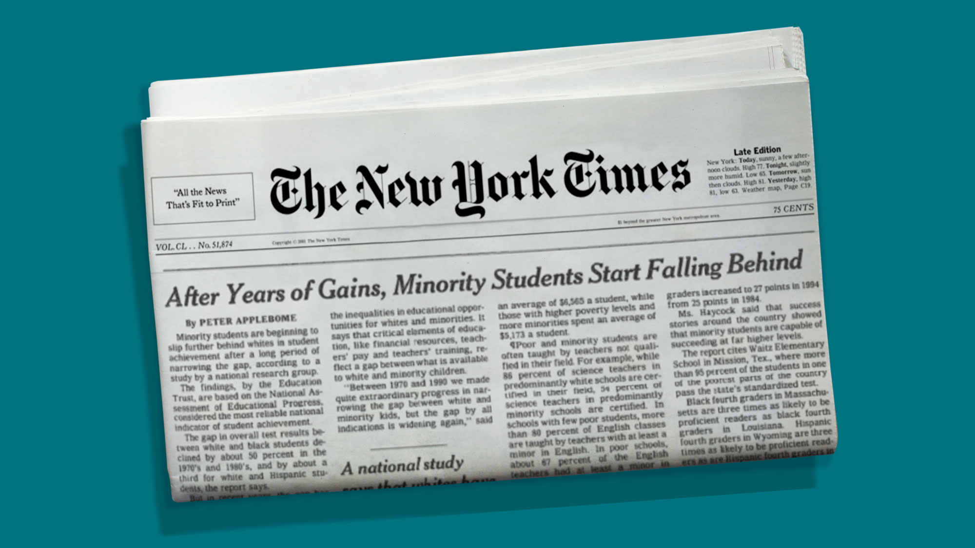 New York Times newspaper screenshot with the headline: After Years of Gains Minority Students Start Falling Behind