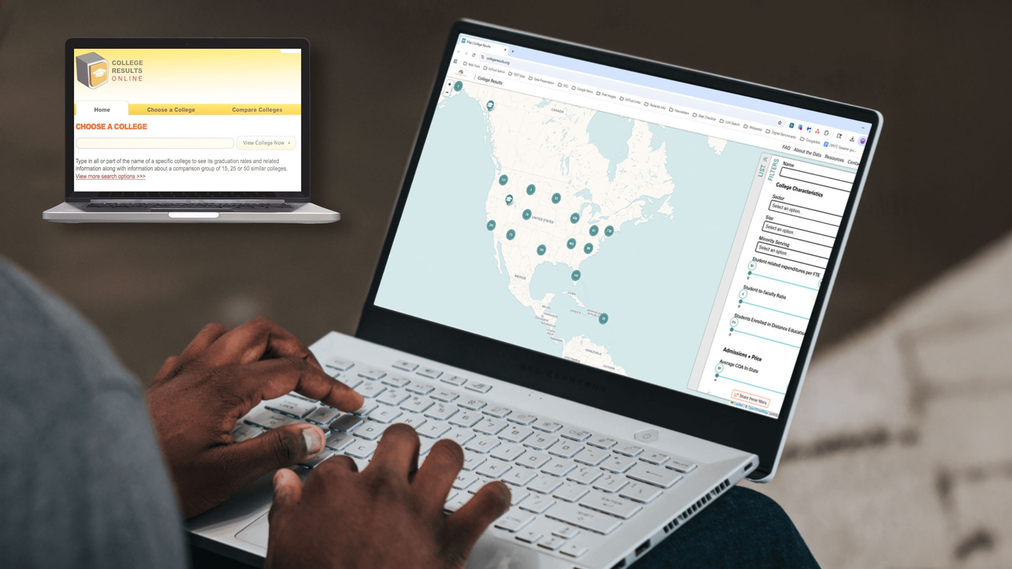 The homepage of the College Results Online website on laptop screens