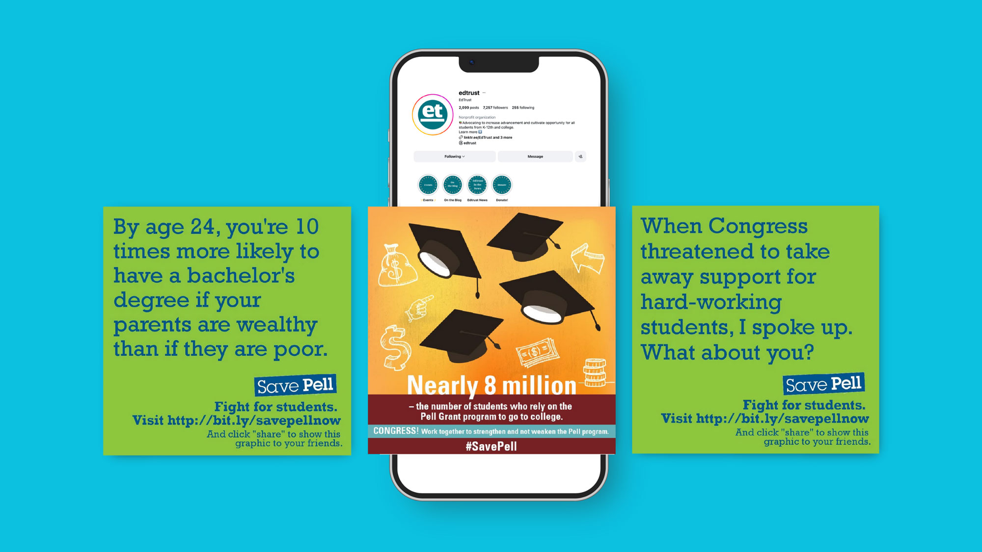 Screenshots of the SavePell campaign messaging superimposed on a cell phone screen