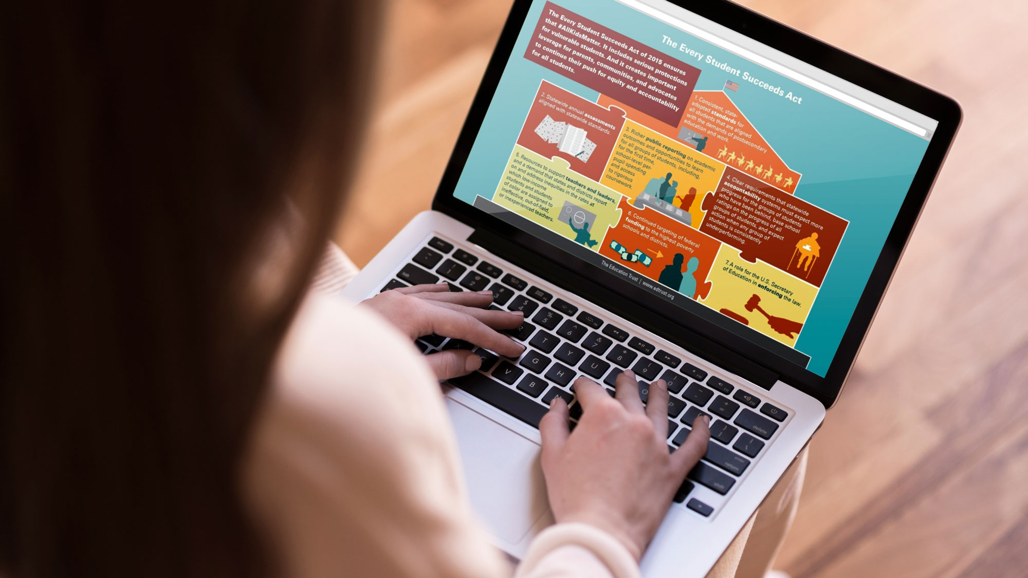An infographic of The Every Student Succeeds Act on a laptop screen held by a female