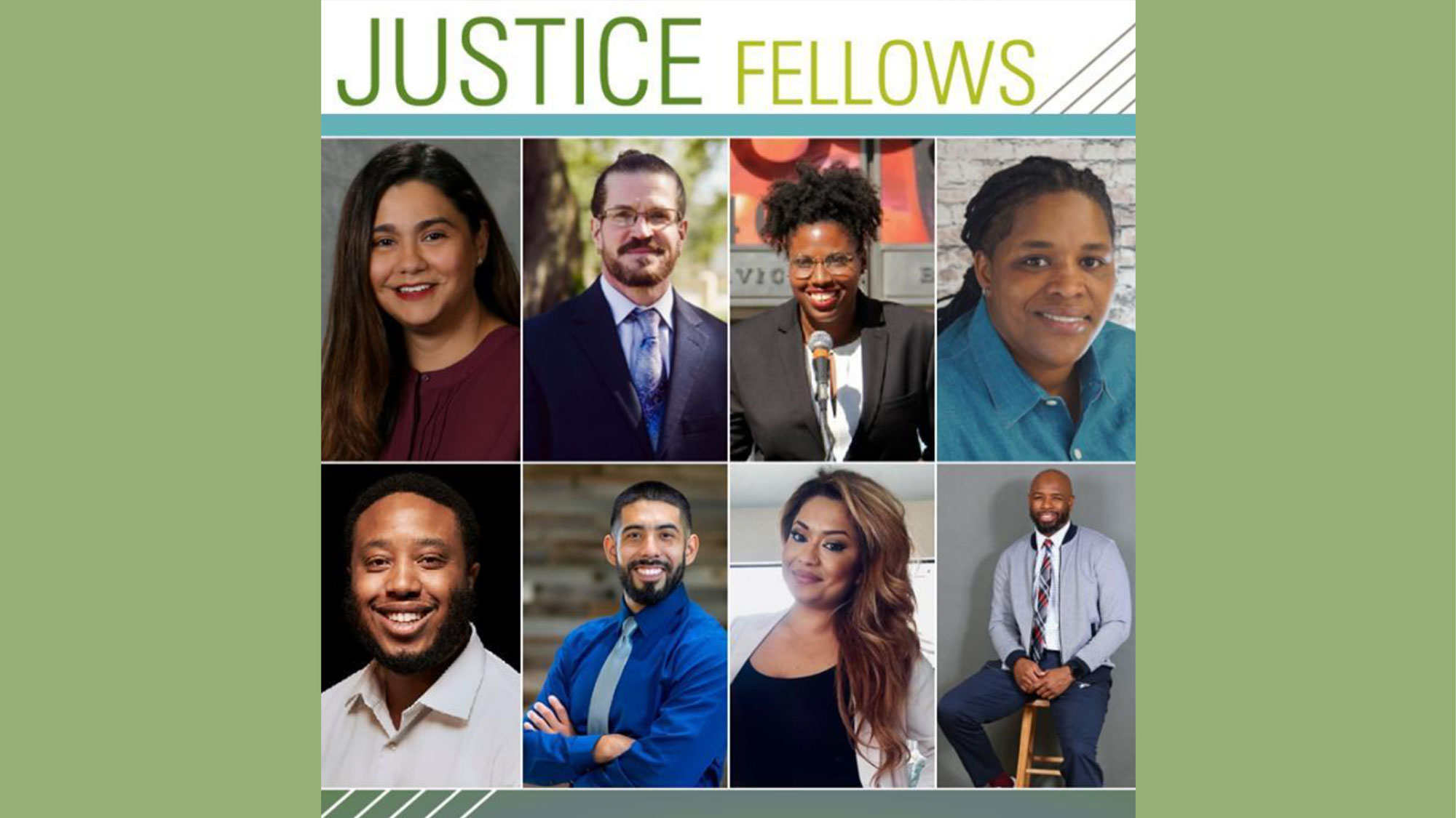 A collage of the headshot photos of the eight 2021 Justice Fellows