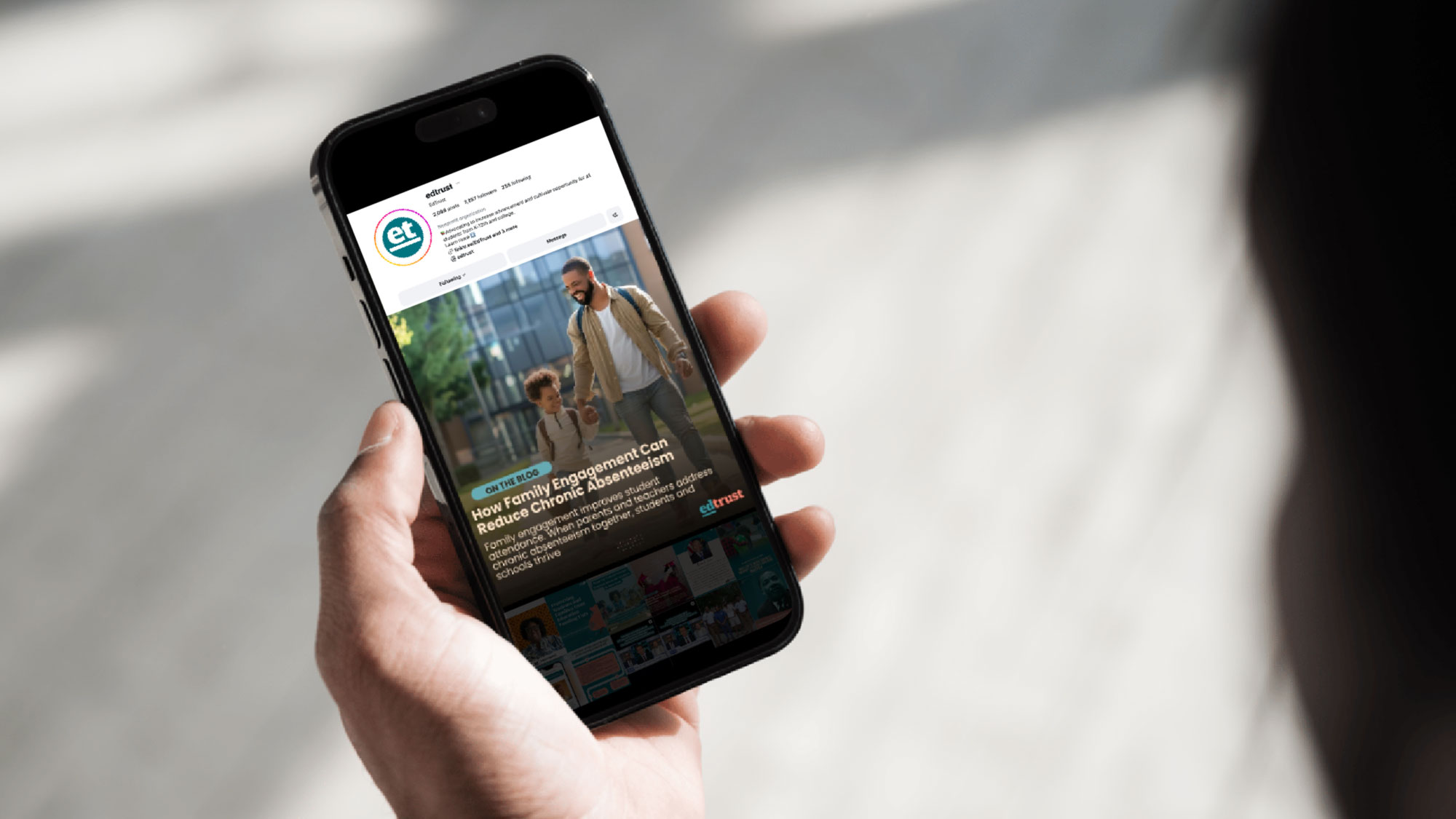 Screenshot of Instagram post of the blog: How Family Engagement Can Reduce Chronic Absenteeism on a cellphone screen held by a hand