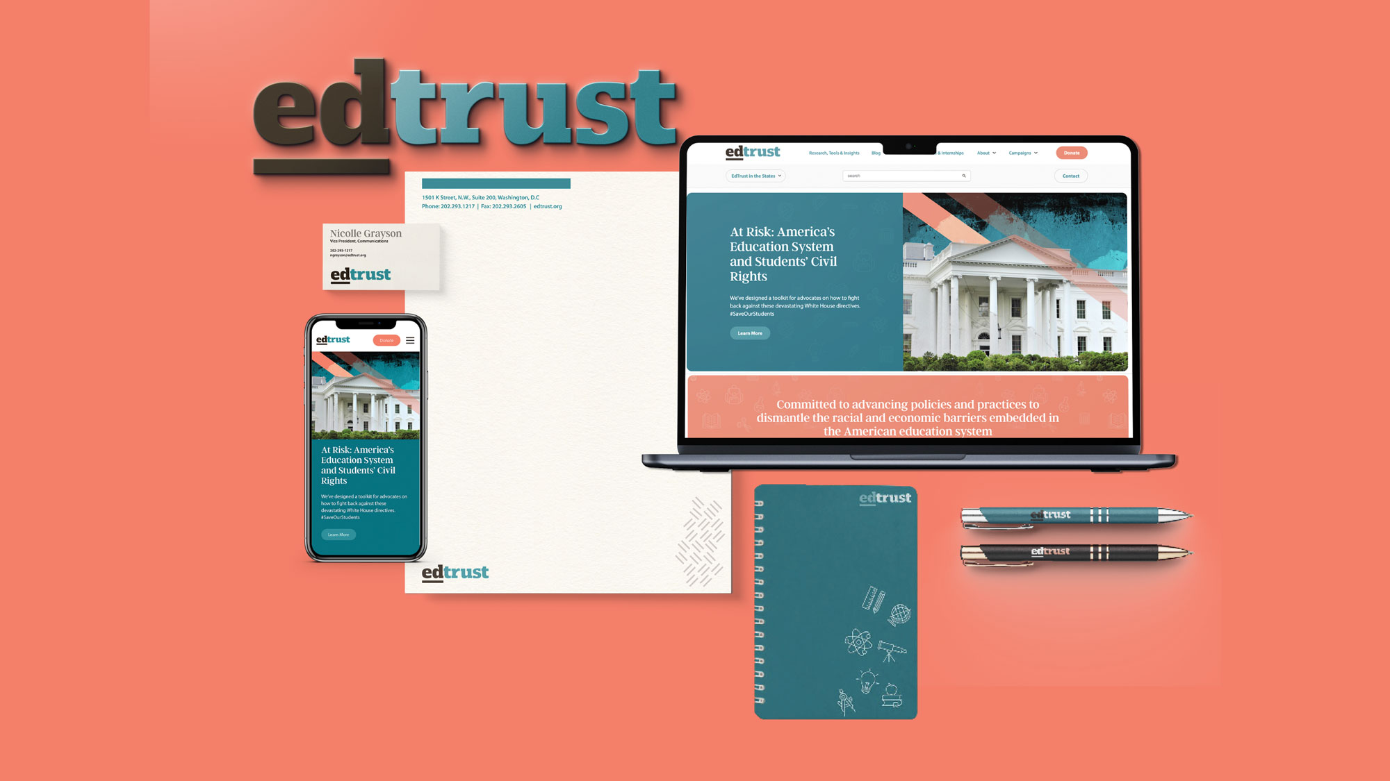 Screenshots of the EdTrust website on a laptop and cellphone, and EdTrust branding on stationary, pens, a notebook and business card