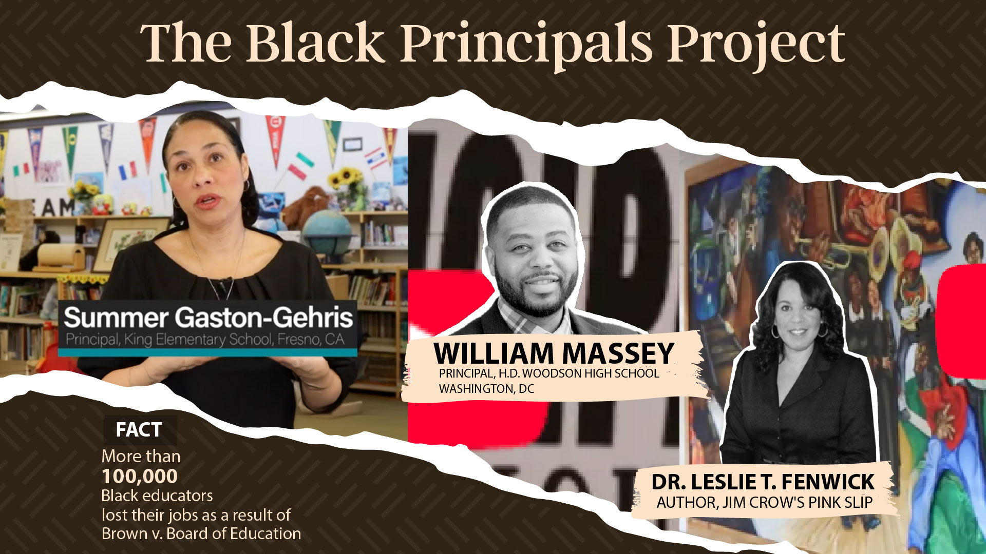 Black Principals Project collage with headshots of Summer Gaston Gehris, William Massey and Dr. Leslie T. Fenwick