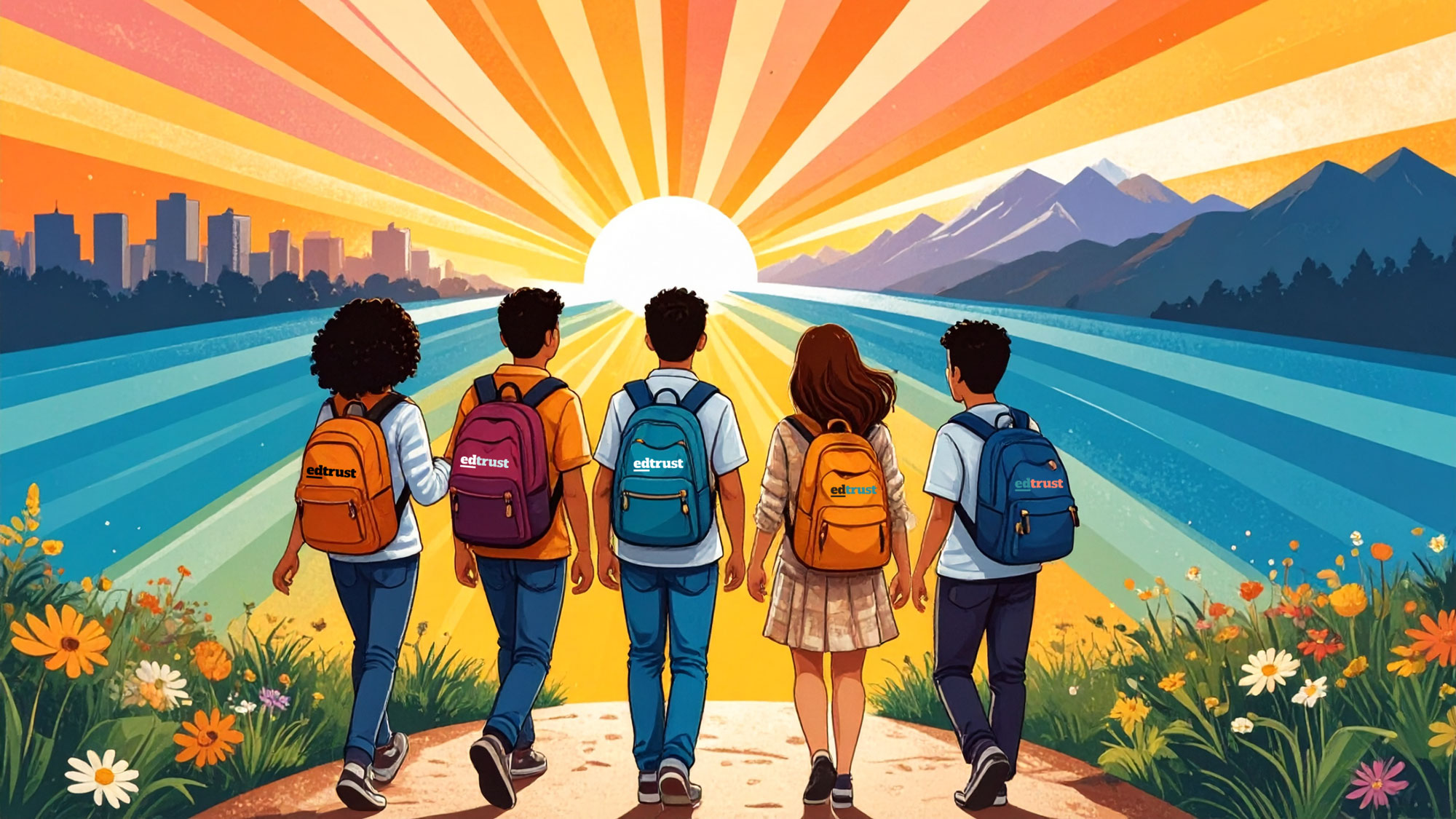 Five students wearing backpacks with the EdTrust logo walking towards the bright sunrise on a road with a field of flowers on each side