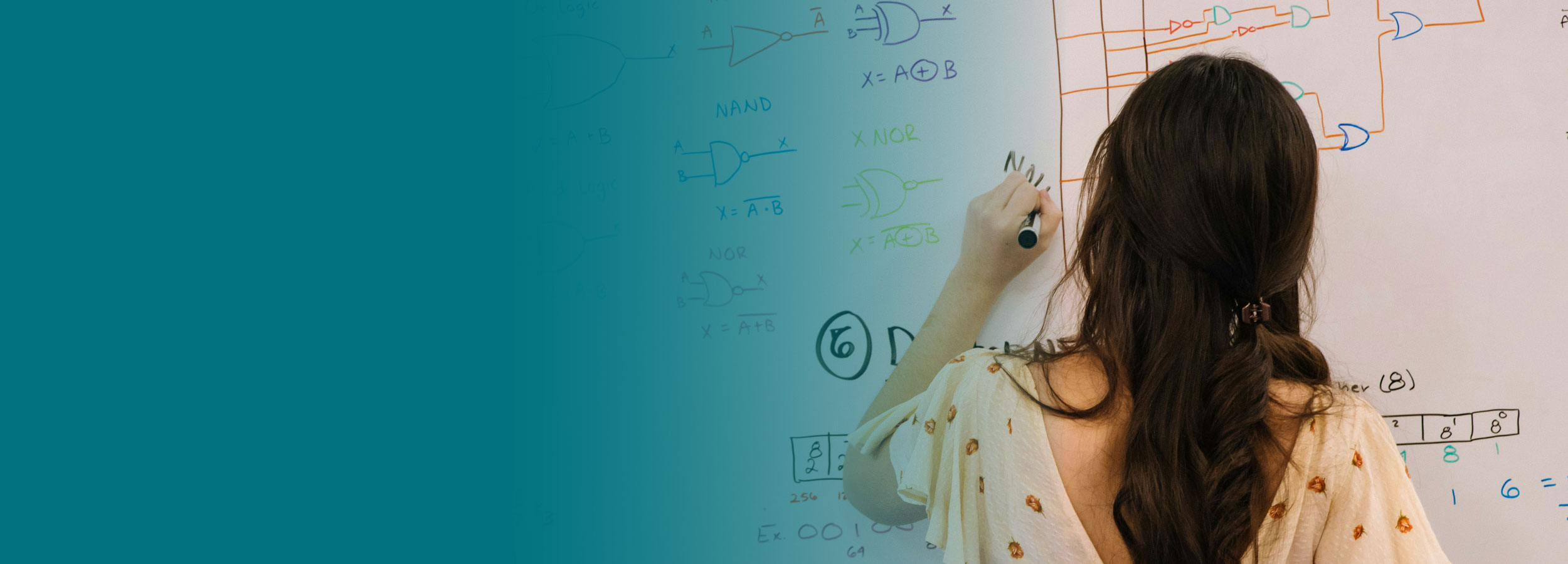 A female student writing complex mathematical formulas on a whiteboard
